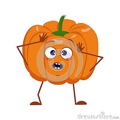 Cute pumpkin character with emotions in a panic grabs his head, face, arms and legs. The funny or sad hero, orange Vector Illustration