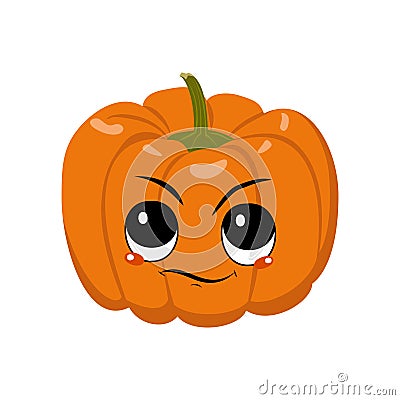 Cute pumpkin character with emotions of suspicious, displeased face Vector Illustration