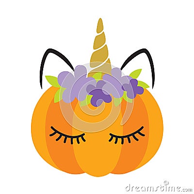 Cute pumpkin with unicorn face vector illustration. Vector Illustration
