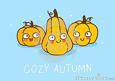 Cute pumpkins on blue background - cartoon characters for cozy autumn and Halloween greeting card and poster design Vector Illustration