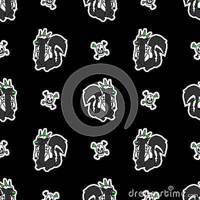 Cute punk rock skunk and skull on black background vector pattern. Grungy alternative checkered home decor with cartoon Vector Illustration