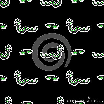 Cute punk rock snake on black background vector pattern. Grungy alternative checkered home decor with cartoon animal Vector Illustration