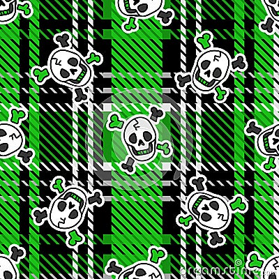 Cute punk skull on plaid background vector pattern. Grungy alternative checkered home decor with cartoon animal Vector Illustration