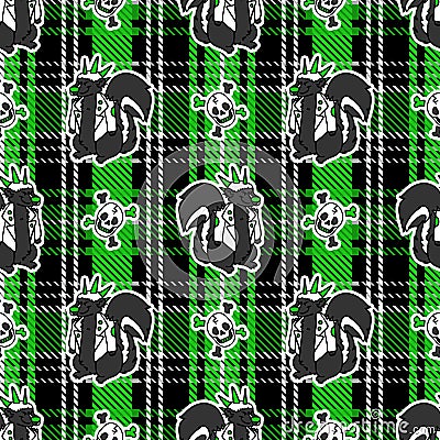 Cute punk skunk with skull on plaid background vector pattern. Grungy alternative checkered home decor with cartoon Vector Illustration