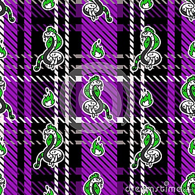 Cute punk snake on plaid background vector pattern. Grungy alternative checkered home decor with cartoon animal Vector Illustration