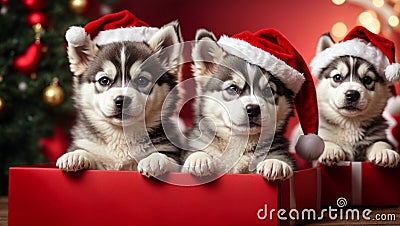 Cute puppies husky wearing Santa Claus red hat under the Christmas tree Stock Photo