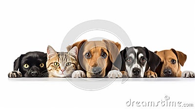 Cute puppies and kittens hanging over a white wooden board with copy space on a white background. Cartoon Illustration