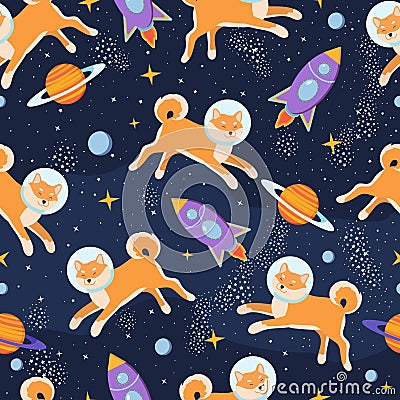 Cute puppy astronaut in cosmos seamless pattern. Shiba inu in space with stars, planets, galaxy. Childish design Vector Illustration