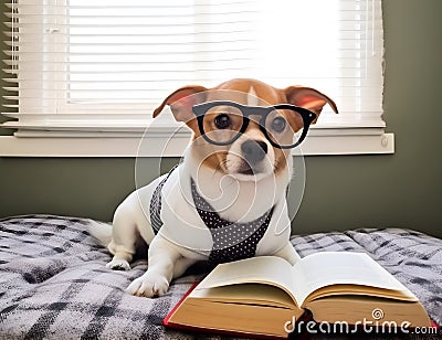 Cute puppy with book about bedtime stories Stock Photo