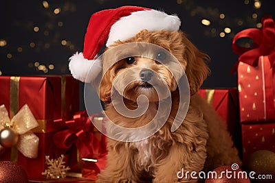 cute puppy - Christmas season - Xmas decoration - brown poodle Stock Photo