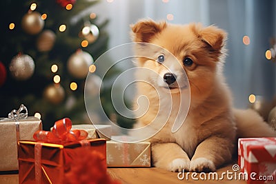 cute puppy - Christmas season - Xmas decoration - Christmas presents gifts around the brown puppy Stock Photo