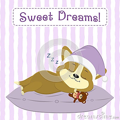 Cute puppy Corgi, in a pink hat, sleeps on a pillow and keeps a bear, on a striped background. Vector Illustration