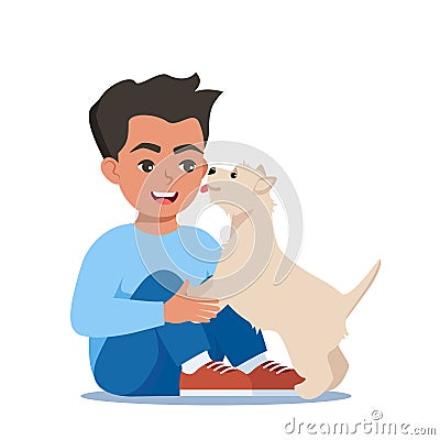 Cute puppy dog licking boy's face. Happy child hugging and petting a dog. Good frien Vector Illustration