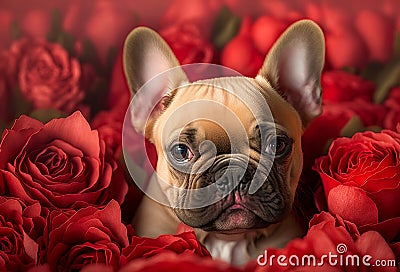 Cute puppy dog with red roses. Valentines celebration. Generative ai Stock Photo