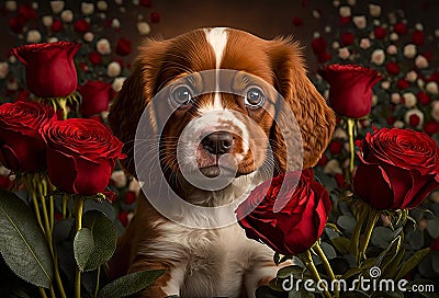 Cute puppy dog with red roses. Valentines celebration. Generative ai Stock Photo