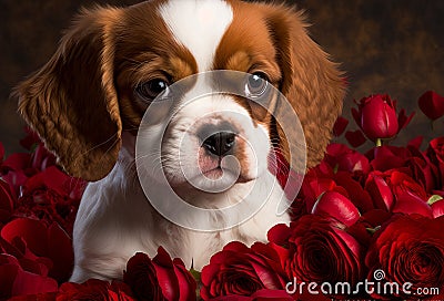 Cute puppy dog with red roses. Valentines celebration. Generative ai Stock Photo