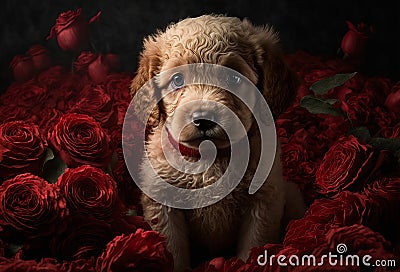 Cute puppy dog with red roses. Valentines celebration. Generative ai Stock Photo