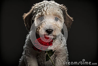 Cute puppy dog with red roses. Valentines celebration. Generative ai Stock Photo