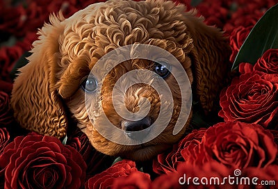 Cute puppy dog with red roses. Valentines celebration. Generative ai Stock Photo