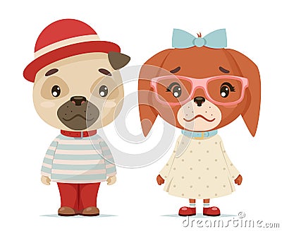 Cute puppy dogs boy girl geek cubs hipster mascot cartoon flat design vector illustration Vector Illustration