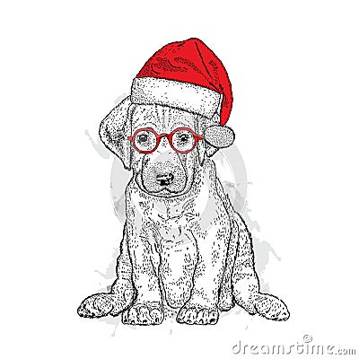 Cute puppy in a New Year hat and scarf. Vector illustration. Pedigree dog. Santa Claus. New Year`s and Christmas. Vector Illustration