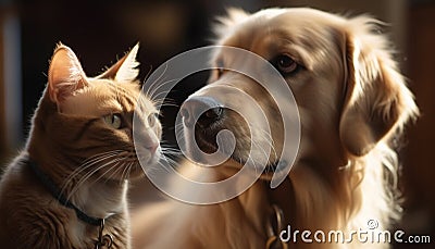 Cute puppy and playful kitten, best friends forever, smiling outdoors generated by AI Stock Photo