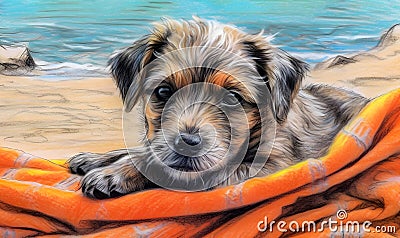 Cute puppy resting on bath towel on the beach. Dog put his head on his paws. Stock Photo