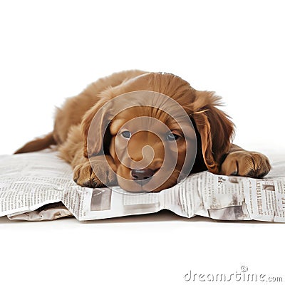 A cute puppy resting on a newspaper Stock Photo