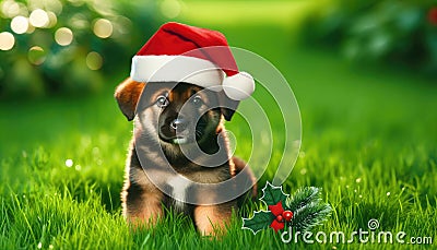 Puppy Wearing Santa Hat on Grass Stock Photo