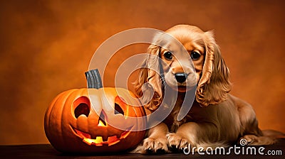 Cute puppy sits near orange pumpkins. Halloween or Thanksgiving theme Stock Photo