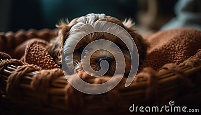 Cute puppy, small and fluffy, sitting in a cozy basket generated by AI Stock Photo