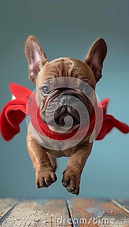 Cute puppy in superhero outfit flying in empty space on blue background, portraying funny super dog Stock Photo