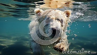 Cute puppy swimming in blue water, playing with fish generated by AI Stock Photo