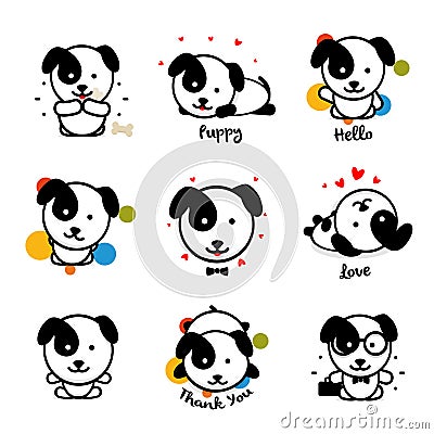 Cute puppy vector logo set. Favorite pet logotype collection. Joyful and cheerful human friend in the cartoon style Vector Illustration