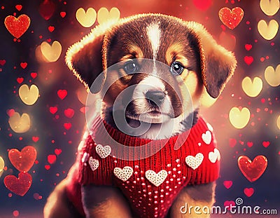 Cute puppy wearing a heart sweater Valentines Day concept. Stock Photo