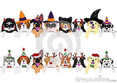 Cute pups border set, with Halloween costumes and with Christmas costumes Vector Illustration