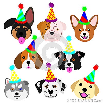 Cute pups face with party hat set set Vector Illustration