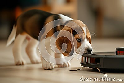 Cute purebred beagle puppy dog portrait on the living room laminate sniffing modern vacuum cleaner robot smart device while it Stock Photo