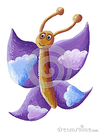 Cute purple butterfly with clouds Cartoon Illustration