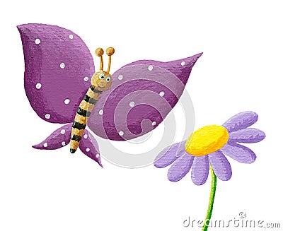 Cute purple butterfly and flower Cartoon Illustration