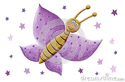 Cute purple butterfly and purple stars Cartoon Illustration