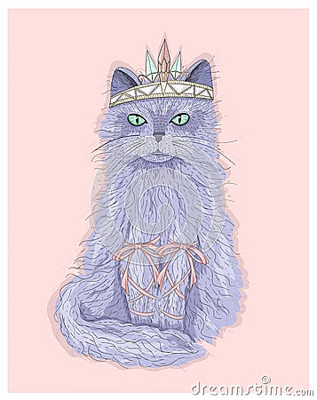 Cute purple cat princess with crown and ribbons. Vector Illustration