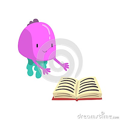 Cute Purple Freaky Monster with Book, Funny Friendly Alien Cartoon Character Vector Illustration Vector Illustration