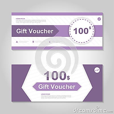 Cute purple gift voucher template layout design set, certificate discount coupon pattern for shopping Vector Illustration
