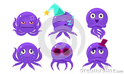 Cute Purple Glossy Octopus Character Set, Funny Sea Creature Emoticon Vector Illustration Vector Illustration