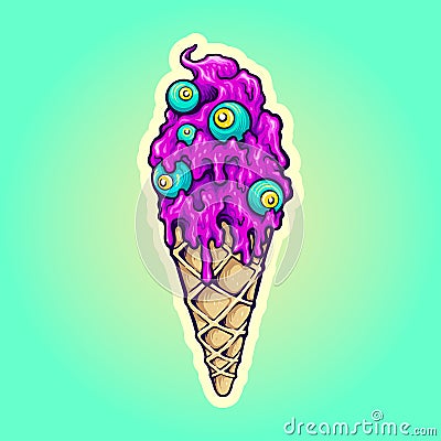 Cute purple ice cream cone with blue zombie eyes Vector Illustration