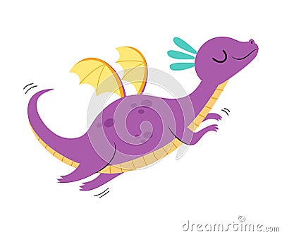 Cute Purple Little Dragon with Wings, Flying Funny Baby Dinosaur Fairy Tale Character Cartoon Style Vector Illustration Stock Photo