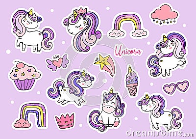 Cute purple magical simple unicorn sticker sheet printable Vector Illustration