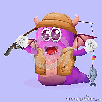 Cute purple monster fishing Vector Illustration