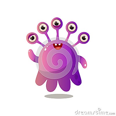 Cute purple monster with five eyes and small smile Vector Illustration